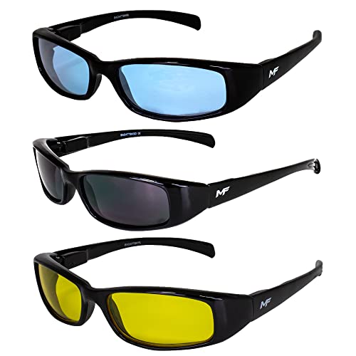 3 Pairs of MF Eyewear Bad Attitude Motorcycle Glasses Shatterproof Polycarbonate Black Frame UV400 Filter, Scratch-Resistant Motorcycle Riding Glasses Blue, Super Dark & Yellow Lenses