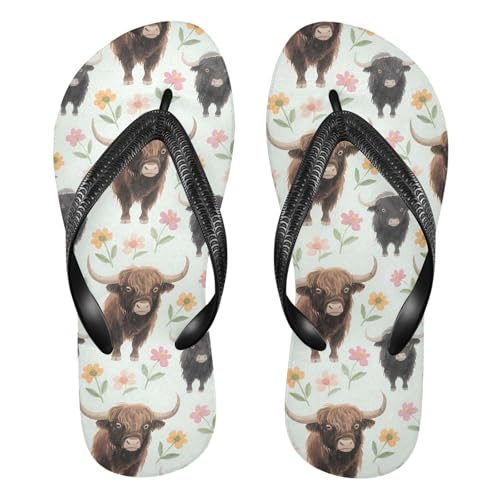 ALAZA Yak Flowers Farm Animal Flip Flops for Women Fashion Beach Slippers Comfort Mens Flip Flops Non-Slip Rubber Shower Slippers Sandal for Hotel Travel Sport,XS