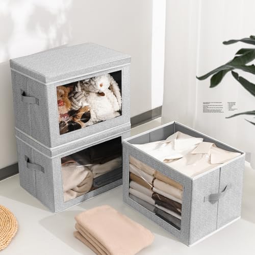 Image of Homsorout Stackable Storage Bins with Lids - Large Decorative Basket with Lids, Fabric Foldable Closet Organizer Bins, Shelf Organizer for Living Room, Dorm, 5 Pack, Blended