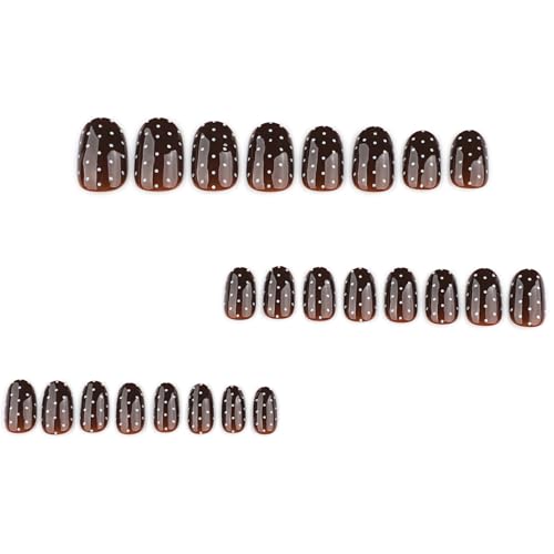 Image of Polka Dots Press on Nails Dark Brown Fake Nails Fall Nail Press ons Short Almond False Nail with Design Reusable Artificial Acrylic Glossy Full Cover Glue on Nails for Women Girls Manicure 24Pcs