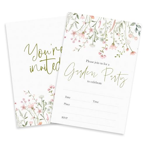 Vodbok Garden Party Invitations For Birthday, 20 Double Sided Fill In Watercolor Floral Birthday Invites With Envelopes For Boys Girls Teens Adults, Birthday Party Decorations & Supplies - 004