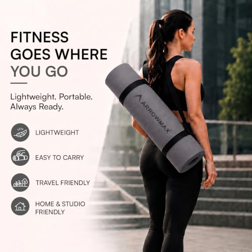 Image of Arrowmax 4mm Yoga Mat with Carry Cover for Men & Women, Anti-Skid Exercise Mat for Yoga, Pilates, Meditation, Stretching & Home Workout, Lightweight Portable Fitness Mat (GREY)
