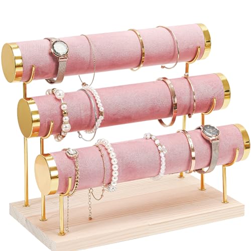 ProCase Présentoir Bracelet, Porte Bracelet, Support Bracelet Détachable à 3 Niveaux avec Plateau en Bois, Porte Bijoux pour Bracelet Montre Élastique Cheveux -Rose
