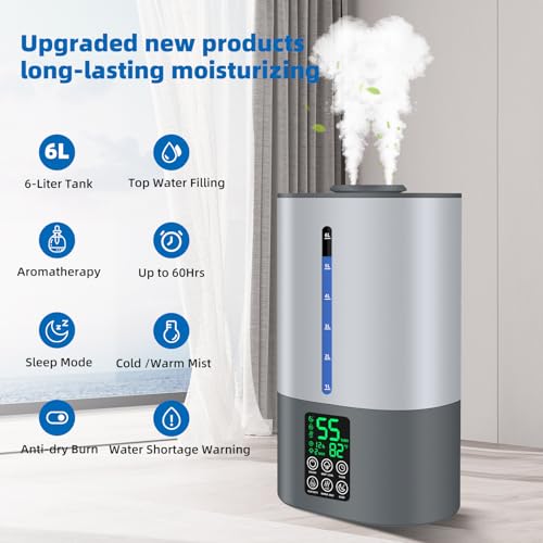 6L Humidifiers for Bedroom Large Room Home, Cool and Warm Humidifiers for Baby and Plants Mist Top Fill Desk Humidifiers Essential Oil Diffuser, Quiet with Adjustable Mist,360°Nozzle-Grey - Thumbnail 4