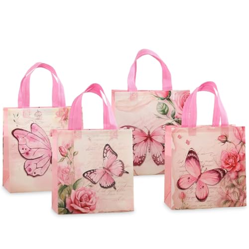 piqiya Pink Butterfly Gift Bags 12 Pack 4 Assorted Floral & Butterfly Designs Reusable Non-Woven Tote Bags for Girls Party Favors Goodie Bags for Mothers Day Birthday Baby Shower Bridal Shower