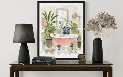 Image of French Bulldog in Bathtub Black Framed Wall Art Poster Print, Animal Bathtub Restroom Wall Art Painting for Bathroom Decor Gallery Gallery 30 (French Bulldog in Bathtub, 10 inch L x 8 inch W, Black Frame)