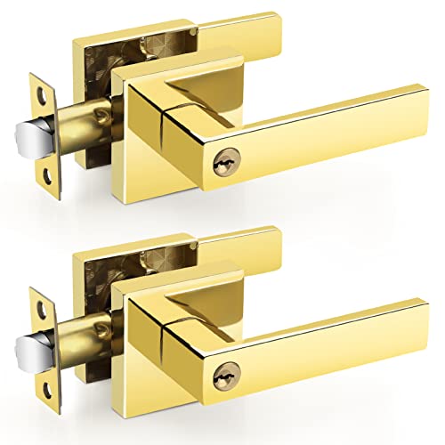 Ehomeware 2 Pack Bedroom Door Knobs With Lock And Key, Keyed Alike Brass Door Handles For Interior/Exterior Doors, Modern Entry Door Lever Handle Lock In Polished Brass Finish #TOP23