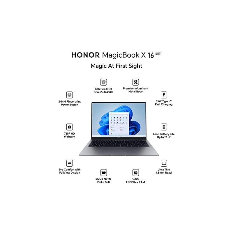 HONOR MagicBook X16 (2023), 12th Gen Intel Core i5-12450H (16GB/512GB NVMe SSD, 16-inch (40.64 cm) FHD IPS Anti-Glare Thin and Light Laptop/Windows 11/Backlit Keyboard/Fingerprint Login/1.75Kg), Gray - Image 3