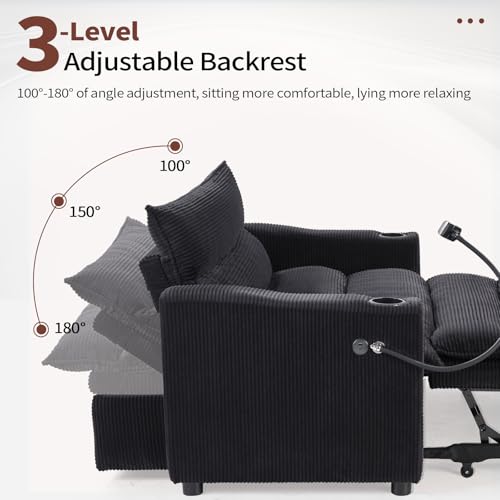 Image of HAOMARKETS 3-in-1 Convertible Loveseat Sleeper Sofa Bed, 2-Seat Pull Out Couch with Cup Holders, Phone Holder and USB Ports, Corduroy 3-Level Adjustable Backrest Couches for Living Room, Black