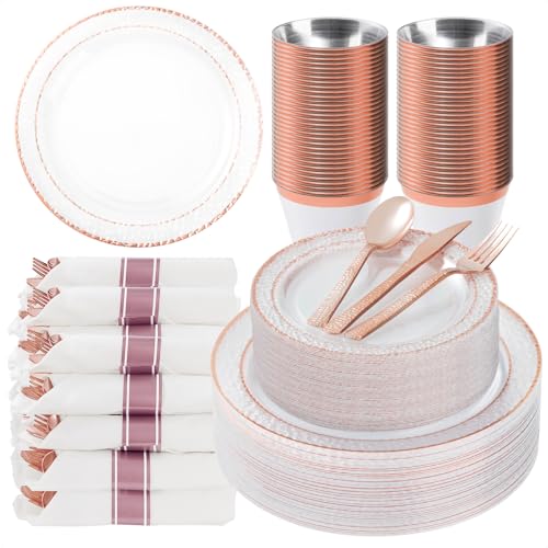 Bestluck 350PCS Clear Plastic Plates with Rose Gold Trim for 50 Guests,