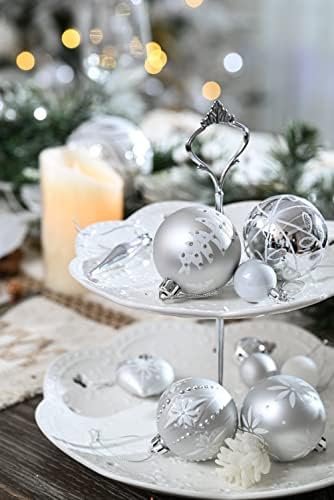 Victor's Workshop 70pcs 3-8cm Shatterproof Christmas Baubles Pack, Frozen Winter Silver and White Christmas Ball Ornaments for Christmas Tree Decoration