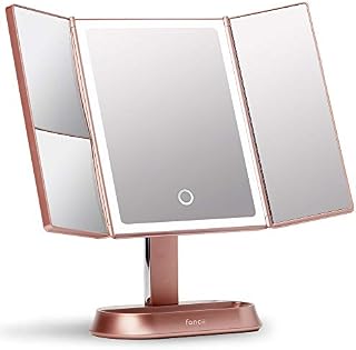 Fancii Large Makeup Mirror with Natural LED Lights, Lighted Trifold Vanity Mirror with 5x & 7x Magnifications - Dimmable Lights, Touch Screen, Cosmetic Stand - Sora (Rose Gold)