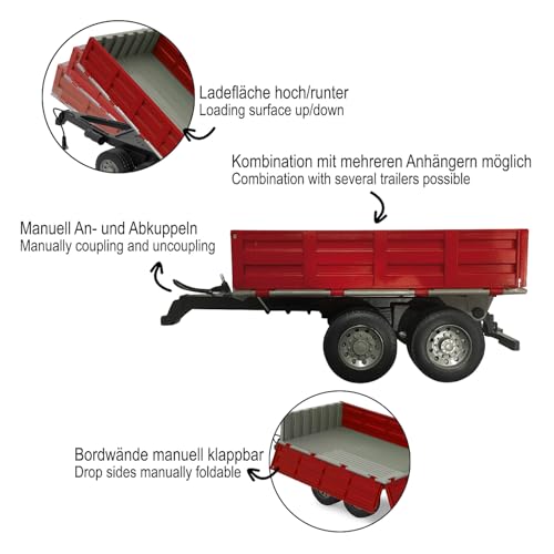 JAMARA 413108 - Kipper für RC-Traktor 1:16 - ferngesteuerte Kippmulde hoch/runter, Anhängerkupplung vorne, Klappbare Bordwände, Rot