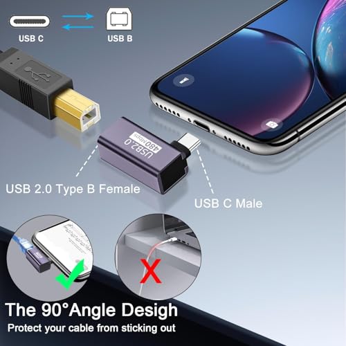 Image of ETZIN USB C Male to USB B Female 90 Angle Print Connector USB C Plug to MIDI Jack Electronic Instrument Right Angle Adapter 480Mbps 20W Charging,Al Hull,for Electronic Piano Printer EPL-1577CC