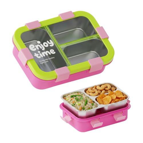 Image of ATTRO JoyBox Steel Lunch Box, 3 Compartment, Stainless Steel Inner Tray, Leakproof Airtight Lid, 4-Side Locks, BPA-Free Food Grade Lunch Box for Kids, School & Office - Yellow Pink-750ml