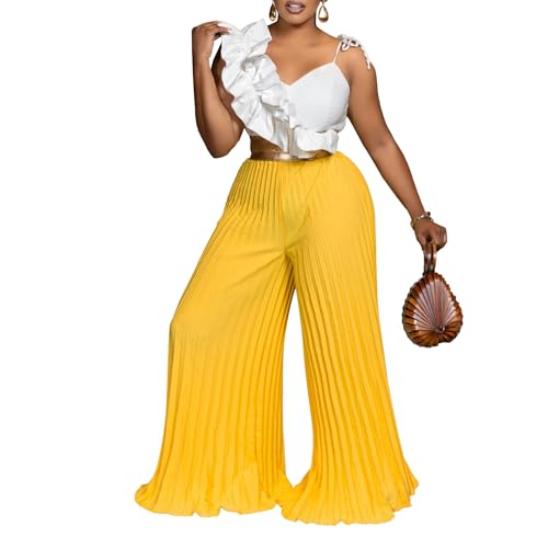 Sexy Ruffled Sleeveless Top, Wide Leg Wide Leg Pants Set2