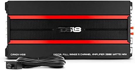 DS18 CANDY-X5B Amplifier in Black - Class D, 5 Channels, 2000 Watts Max, Digital, 1/2/4 Ohm, with Remote Subwoofer Level Controller - Compact Amplifier for Speakers in Car Audio System