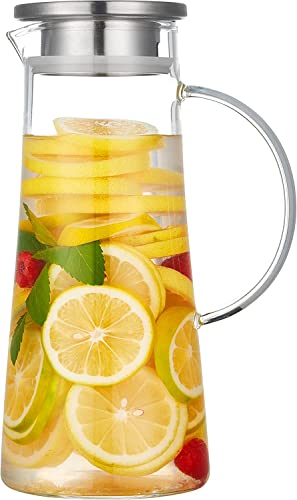 KELVEE Juego de 1 jarra de vidrio de borosilicato de 1.3 litros de alto con tapa abatible de acero inoxidable, jarra de agua caliente/fría, zumo/té helado, vino, café, jarra de bebidas de leche.