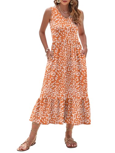 Image of AUSELILY Womens Summer Maxi Dress Casual Sleeveless V Neck Floral Dresses | A line shape with practical side pockets, Vacation dress for resort walks, Pair with low heels and simple jewelry