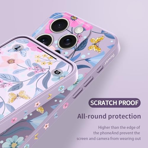 Coque silicone iPhone 16 Pro fine protège des rayures violet fleur LEECG