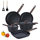 PRAMEDIA 9Pcs Pots and Pans Set Nonstick,Induction Cookware Set Kitchen Cooking Sets,Healthy Non-Toxic Pots and Pan set,Non Stick with Grill Pan& Stay-Cool Handles (PFOS, PFOA Free),Black