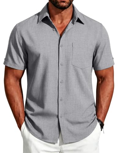 Image of COOFANDY Men's Button Down Shirts Short Sleeve Casual Shirts Summer Beach Linen Shirts with Pocket