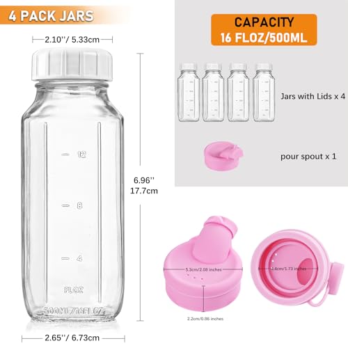 4 Pack 16 Oz Square Glass Milk Bottle with A Silicone Dispenser Cap, Glass Juice Bottles with Airtight Screw Lid, Reusable Drinking Bottles with Capacity Marks, Breastmilk Storage Container