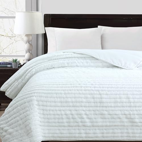 Colcha Boutí Cama 135 (235x270) Blanca Estampada - Moderna y Ligera con Diseño Artesanal 100% Microfibra Extrasuave - Cubrecama para Verano y Entretiempo con 2 Fundas de Almohada (50x70) (Bangkok)