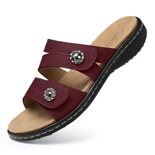 SHIBEVER Flat Sandals Women Dressy: Non Slip, Arch Support, Orthopedic, Plantar Fasciitis Comfortable Walking Sandal, 2812-wine Red, 9