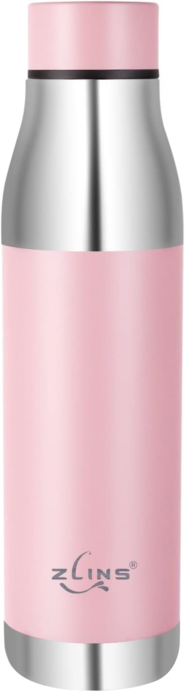 ZLINS Stainless Steel Vacuum Insulated 22oz Water Bottle Leak-Proof - Reusable Double Walled Metal Thermos - Sports Flask Great for Travel, Hiking, Camping (Pink)