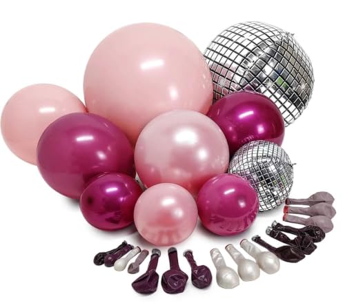 Image of Purple Pink Balloon Arch Double Stuffed Burgungy Pink Pearl Balloons Plum Silver Disco Balloon Garland for Birthday Prom Bridal Shower Mother's Day Wedding Music Theme Party Decoration