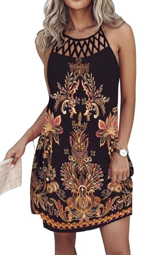 SAUKOLE Womens Summer Halter Neck Hollow Out Sleeveless Dress Floral Print Beach Boho Short Mini Sundresses2