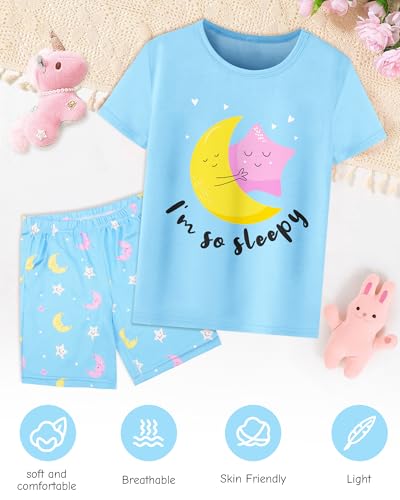 Sylfairy Girls Pajamas Short Sleeve Toddler Summer Short Sets Sleepwear Clothes Sets Kids Pajamas Blue Star Moon Size 7-8