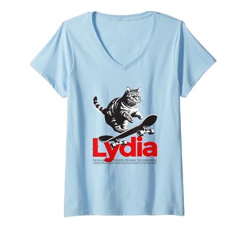 Mujer LYDIA - Bonito nombre de chica con gato y monopatín Camiseta Cuello V