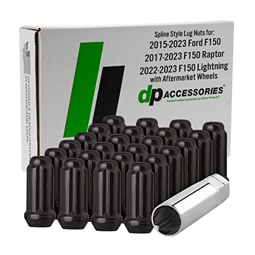DPAccessories 2015-2023 Ford F150 Lug Nuts - Ford Lug Nuts F150 Aftermarket Wheel Lug Nuts - Black Lug Nuts for Ford F150 - Spline Lug Nuts - Set of 24 Lug Nuts & One Spline Socket - DF152A-BK/024