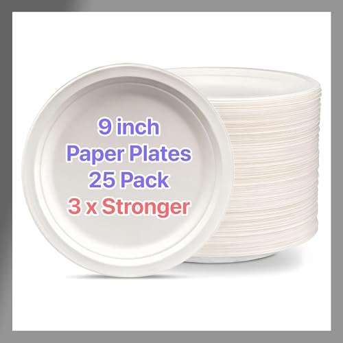Pokanic Paper Plates White [9 inch] - [25 Pack] Heavy-Duty 3 x Stronger Soak-Proof Cut Resistant Microwave-Safe 100% Compostable Eco-Friendly Biodegradable Disposable (25 Pack, 9 Inch - White)
