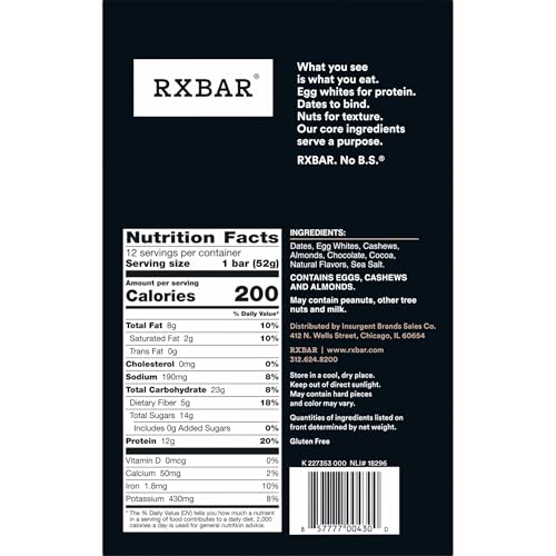 RXBAR Protein Bars, 12g Protein, Gluten Free Snacks, Chocolate Sea Salt, 22oz Box (12 Bars) - image 9
