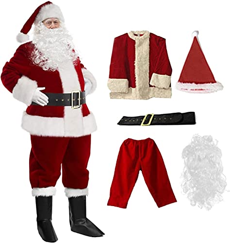 EBAYIN 5 Costumes du père Noël - Rouge Homme Luxueux Costume de père Noël avec Chapeau, Ceinture, Manteau, Pantalon - Costume de Velours de père Noël M Cover