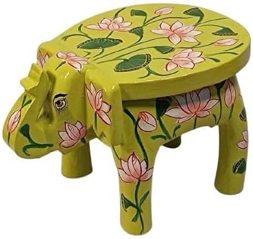 Wooden Hand Painted Flower Elephant Stool for Home Decor/Corners/Gift Item, Green Color