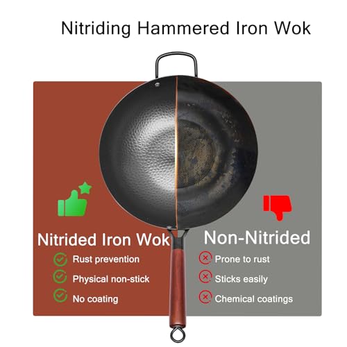 Wrought Iron Flat Bottom Wok with Glass Lid – Detachable Wooden Handle, Non-Coated Naturally Nonstick Frying Pan for Gas, Electric & Induction Stoves (Black Wok with Helper Handle, 13.4 inch)