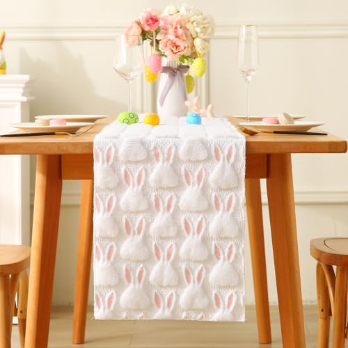 Brylleii Tischläufer Fell Modern Beige 33 x 140 Ostern Tischläufer Weiß Jacquard Hase Saisonnal Frühling Tisch Läufer Abwaschbar Küche Esstisch Dekoration für Drinnen Urlaub Party Dekor