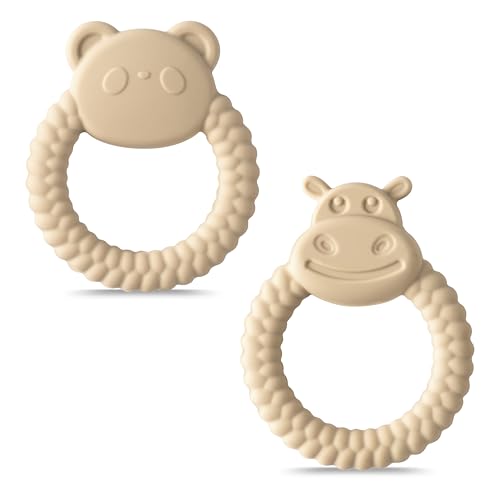 Image of Silicone Teething Toy for Babies - 2ooya 2Pcs Bear Animal Theme Teething Ring Relief Chew Toy Infant Sore Gums Pain Soft Food Grade Silicone Teethers for Toddler 6-12 Months Birthday Baby Shower