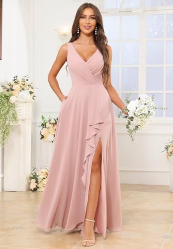 Bridesmaid Dresses for Women V-Neck Pleated Chiffon Ruffles A-Line Formal Evening Gown with Slit2