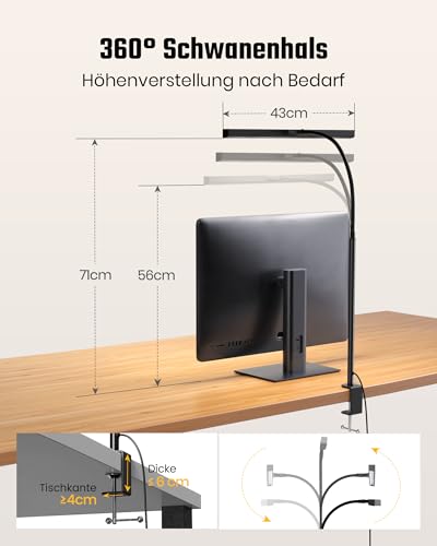 RIXGLEAM Schreibtischlampe LED Dimmbar, Schreibtischlampe Klemmbar mit 45° Streuwinkel, Augenschutz Schwanenhals Büro Tischlampe, Tageslichtlampe Schreibtisch für Homeoffic, Büro (Schwarz)