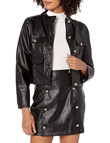 KENDALL + KYLIE Women's Vegan Leather Four Pocket Cropped Jacket, Black, Large