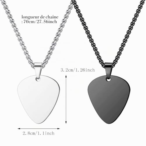 Liitata Lot de 2 colliers avec pendentif médiator en acier inoxydable pour homme et femme - Noir argenté – vue 2