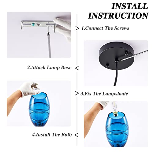 Mini Blue Clear Glass Pendant Light, Glass Oval Shade Pendant Lighting Fixture For Kitchen Island, Sink, Counter, Bar, Dining Room,Dining Room, Matte Black Finish Base 3 Pack #TOP4