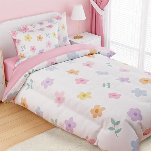 Image of SANDJEST Floral Comforter Set Full Size 98x86in for Kids Girls, Microfiber 4 Pieces Bedding Set Includes 1 Comforter, 2 Pillowcases, 1 Fitted Sheet, Nursery Room Decor