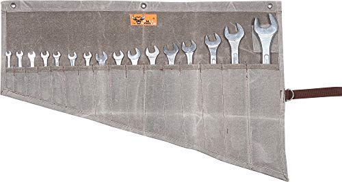 BULL TOOLS 16-Pocket Wrench Roll Pouch – Tool Organizer for Metric & Standard Wrench Sets – Waxed Canvas Roll-Up Bag – Heavy-Duty Handmade Tool