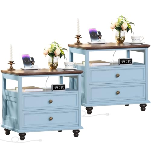 Joaxswe Farmhouse Nightstand Set of 2 with Charging Station, 24" Wide End Table with 2 Drawers, Dresser Cabinet for Bedroom,Bed Side Table Chest of Drawers,Light Blue Night Stand for Living Room
